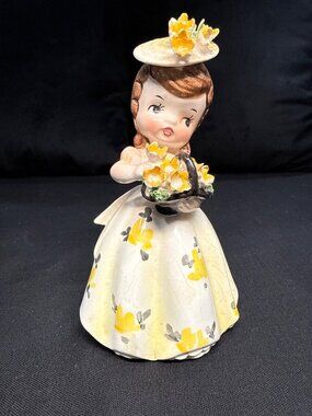 Vintage Mid Century Ceramic Girl Figurine With Yellow Flowers & Hat